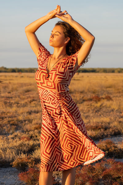 Aboriginal Art Ruched Midi Dress Summer Night - K.