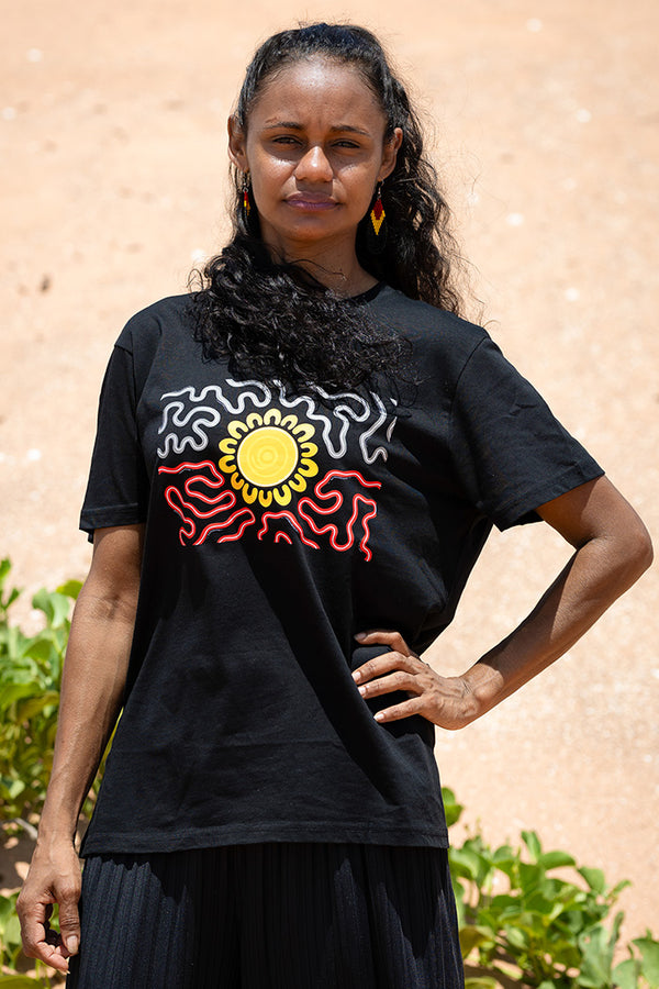 Threaded Together Flag Black Cotton Crew Neck Womens T-Shirt