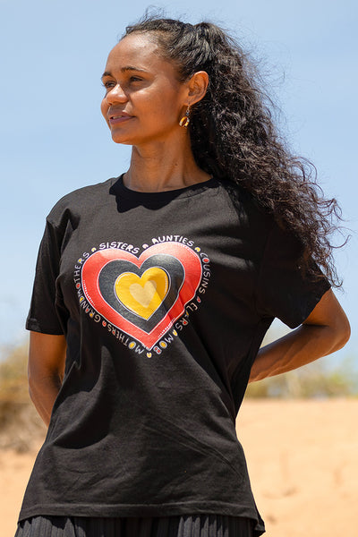 Sisterhood Heart Black Cotton Crew Neck Womens T-Shirt