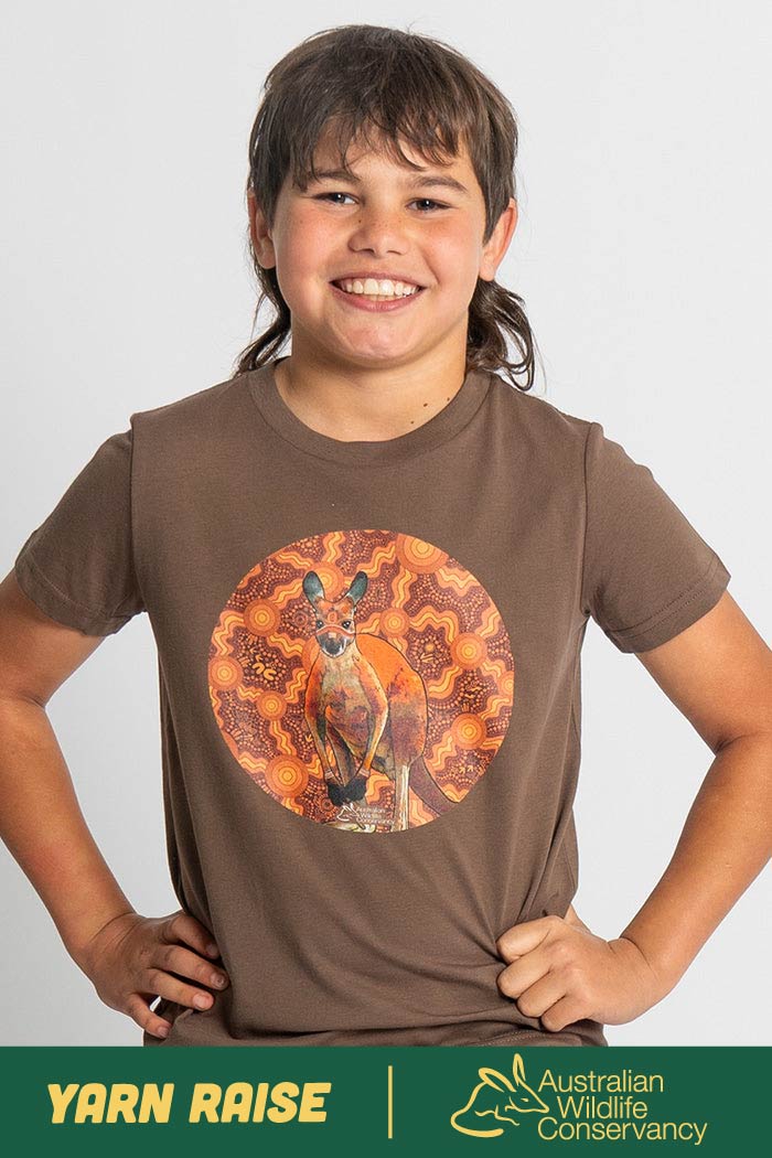 Kangaroo (Barra) 'Australian Wildlife Conservancy' Walnut Cotton Crew Neck Kids T-Shirt