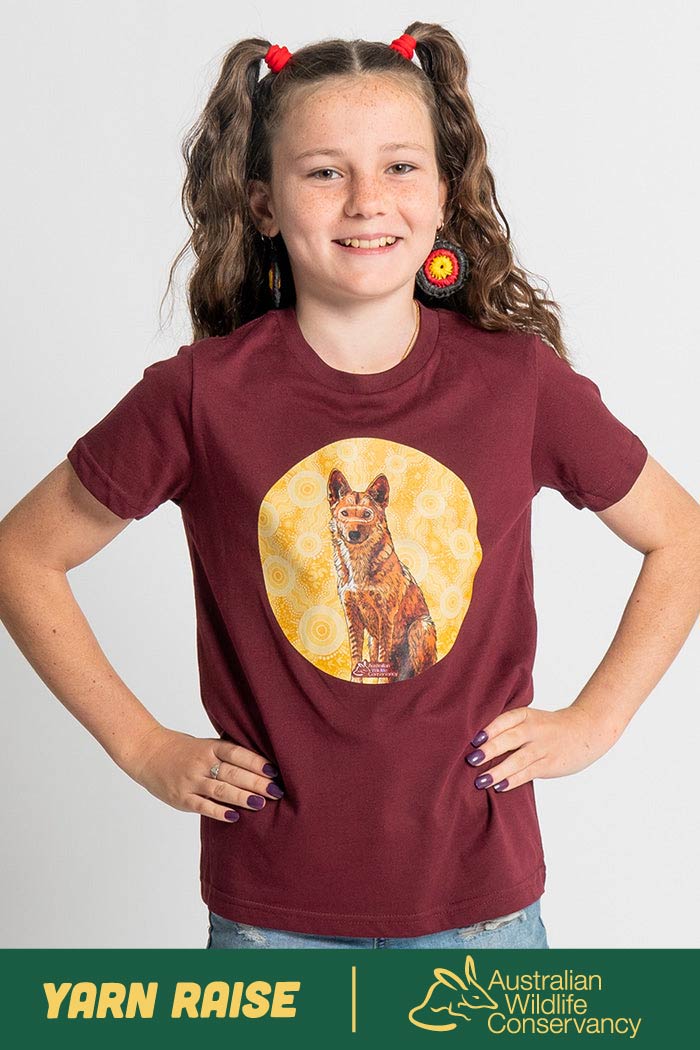 Dingo (Wilkarr) 'Australian Wildlife Conservancy' Burgundy Cotton Crew Neck Kids T-Shirt