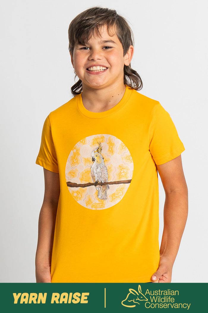 Cockatoo (Djarring) 'Australian Wildlife Conservancy' Gold Cotton Crew Neck Kids T-Shirt