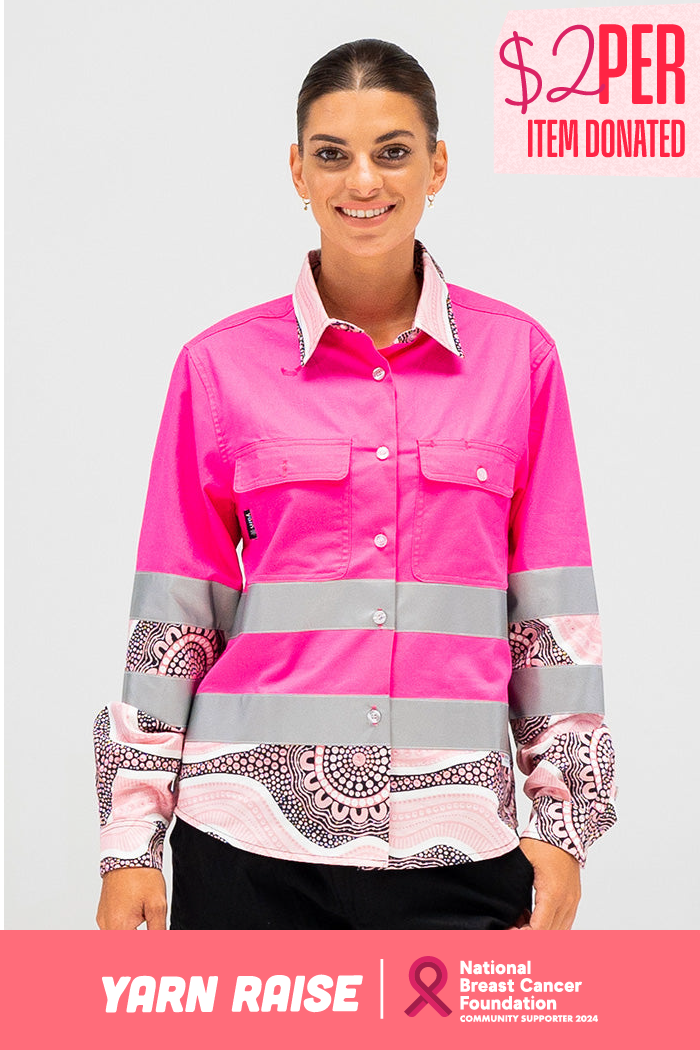 Boobie Sista High Vis Pink 100% Cotton Drill Women's Long Sleeve Work Shirt