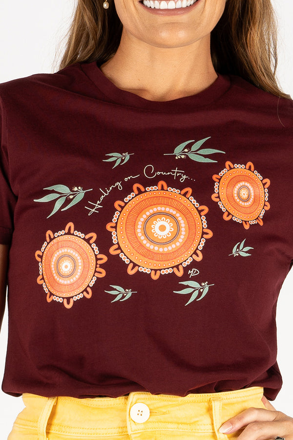 Healing On Country Burgundy Cotton Crew Neck Women's T-Shirt