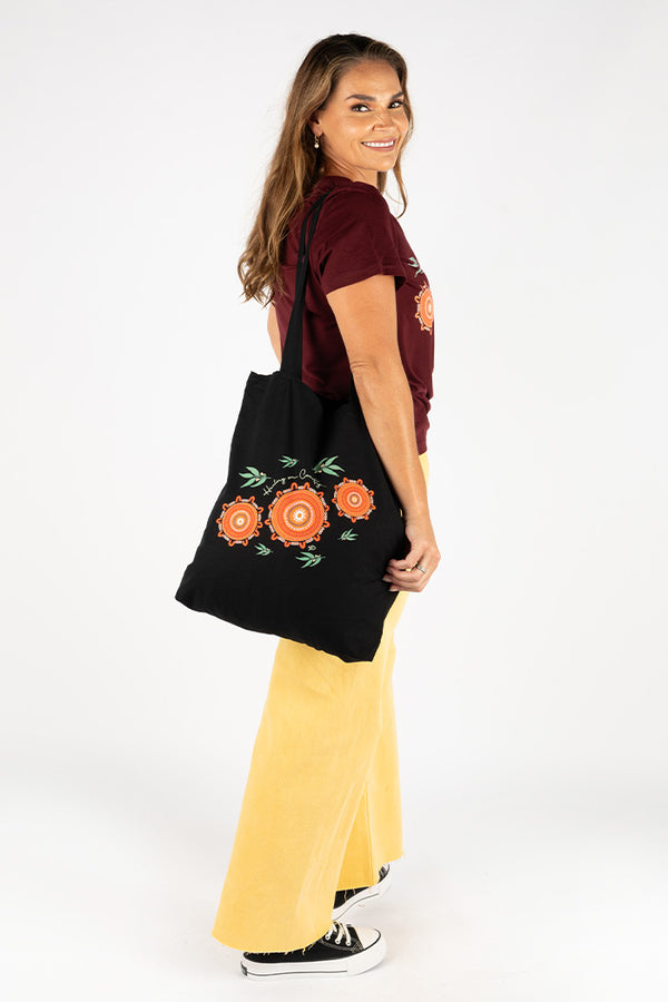 Healing On Country Black Long Handle Cotton Tote Bag