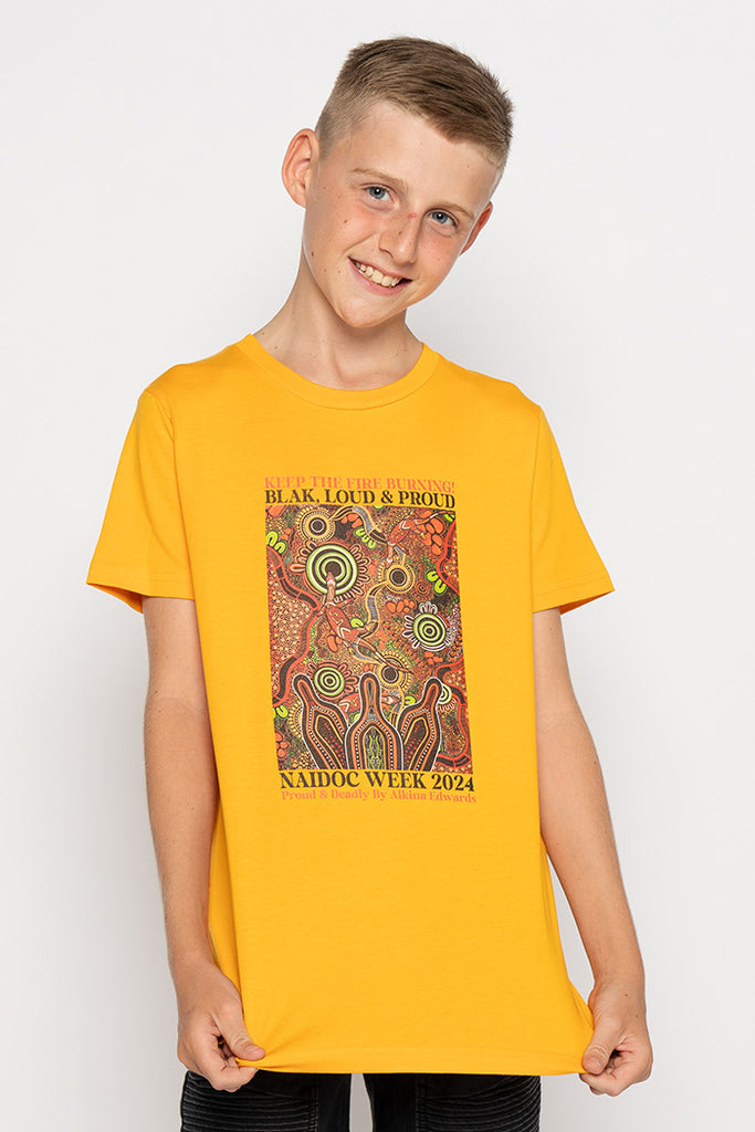 Proud & Deadly NAIDOC 2024 Gold Cotton Crew Neck Kids T-Shirt