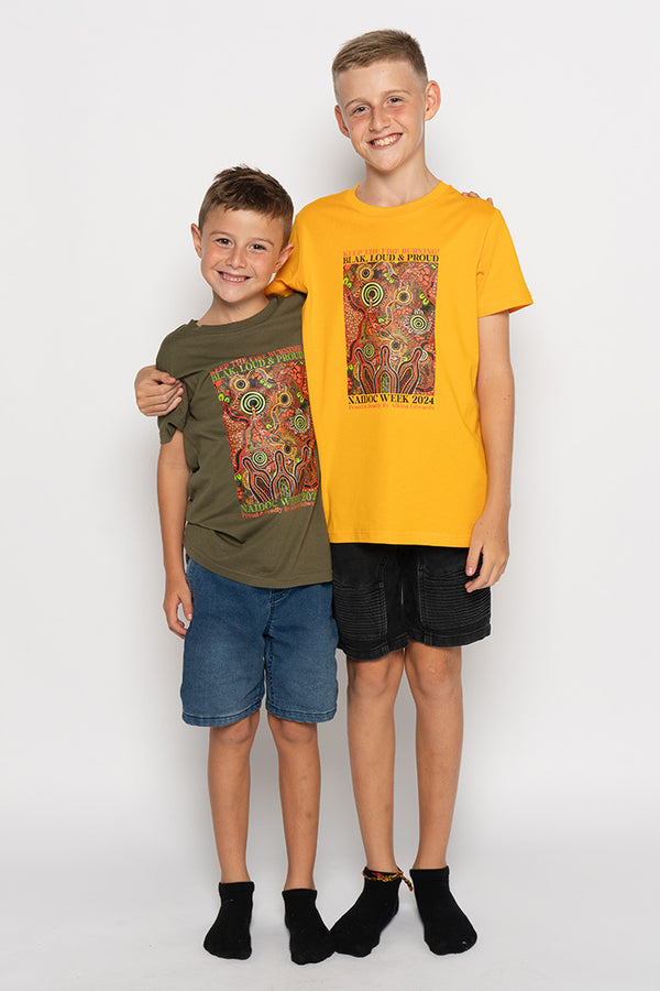 Proud & Deadly NAIDOC 2024 Gold Cotton Crew Neck Kids T-Shirt