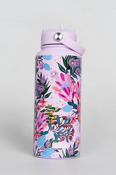 Pink Banksia 1L Insulated Stainless Steel Drink Bottle with Handle