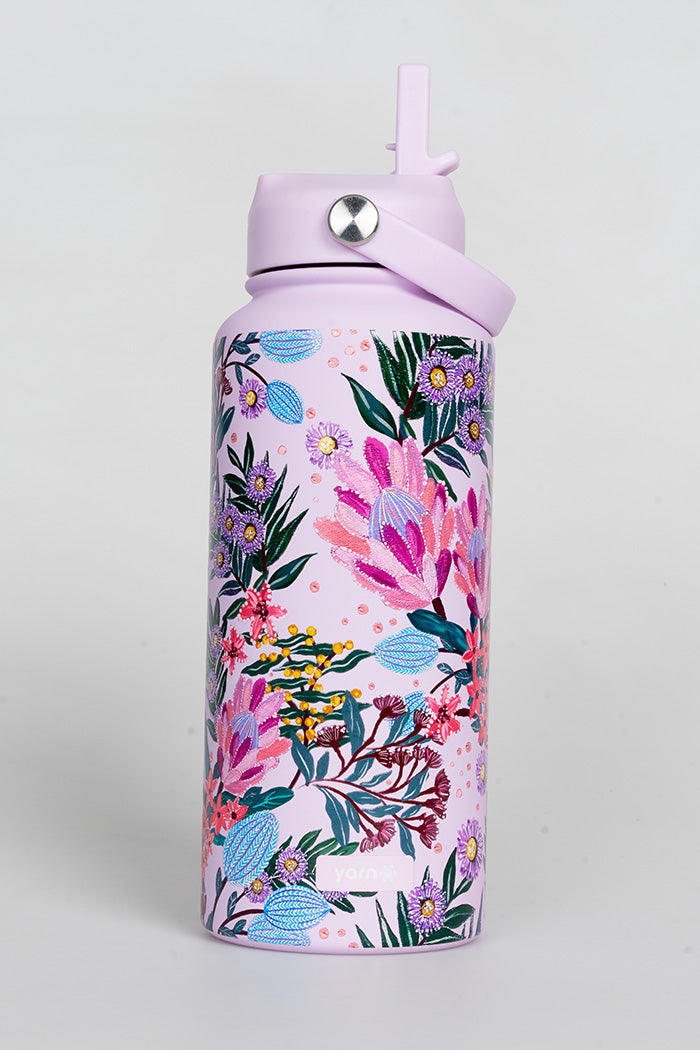 Pink Banksia 1L Insulated Stainless Steel Drink Bottle with Handle