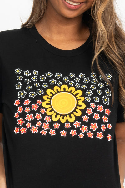 Wildflowers in the Sun Flag Black Cotton Crew Neck Womens T-Shirt