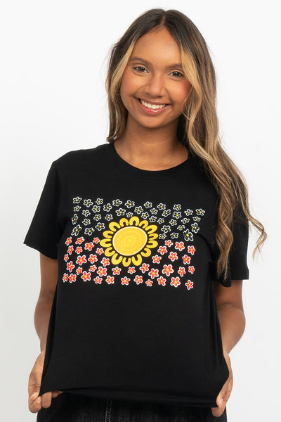 Wildflowers in the Sun Flag Black Cotton Crew Neck Womens T-Shirt