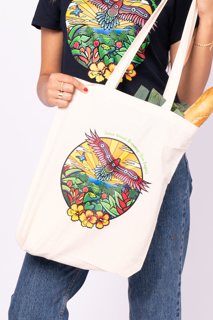 Jalun Wandi Dreaming (Sea Eagle) Natural Cotton Long Handle Tote Bag