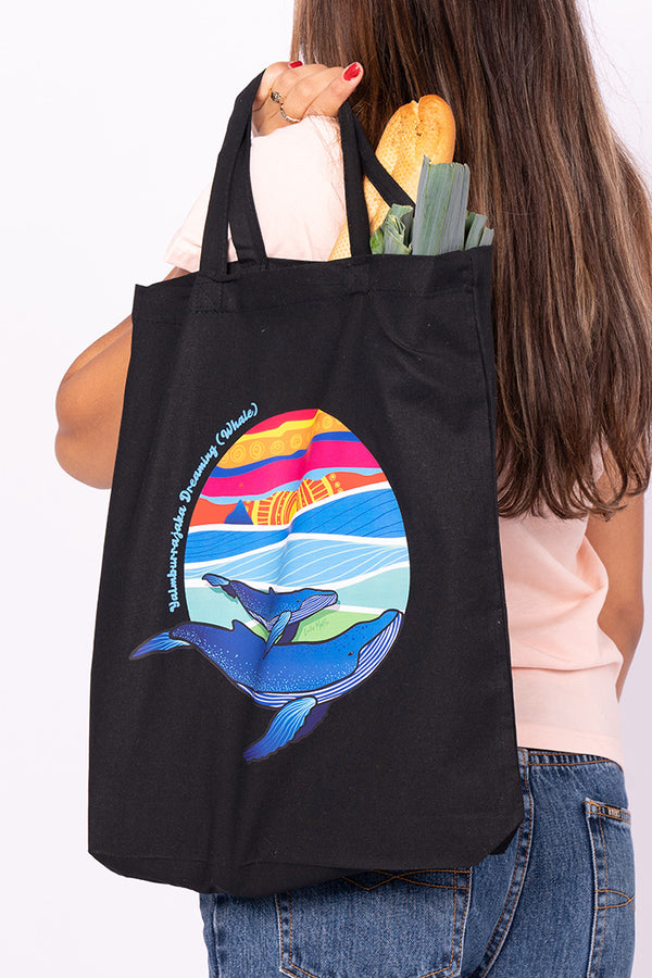 Yalmburrajaka Dreaming (Whale) Black Cotton Short Handle Tote Bag