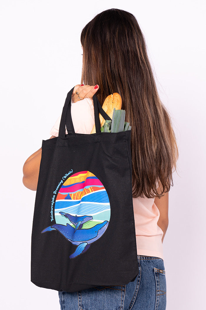 Yalmburrajaka Dreaming (Whale) Black Cotton Short Handle Tote Bag