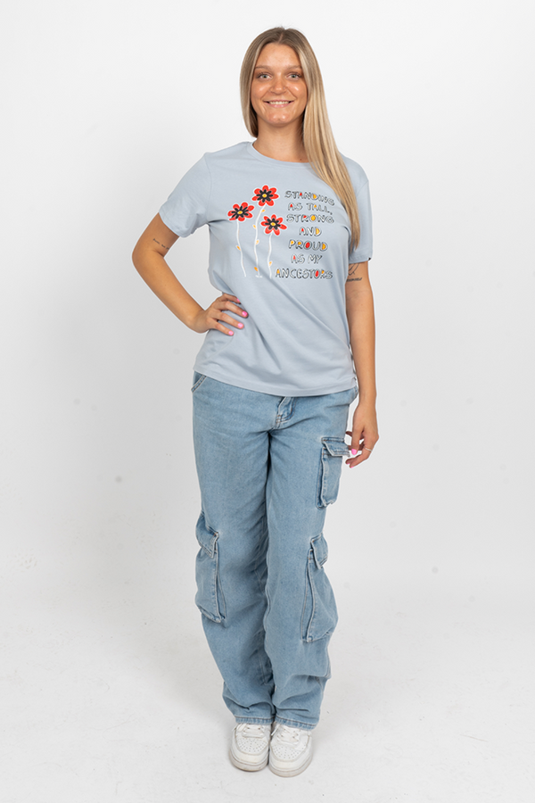 Standing Proud Powder Blue Cotton Crew Neck Womens T-Shirt