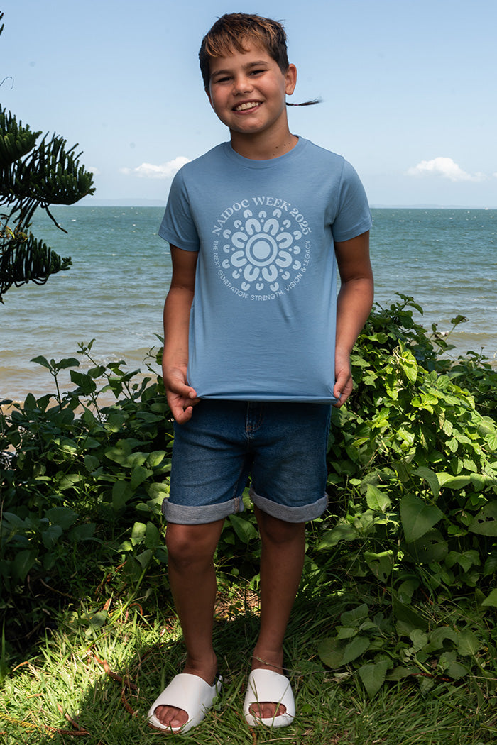 NAIDOC 2025 Circle Monochrome Carolina Blue Cotton Crew Neck Kids T-Shirt