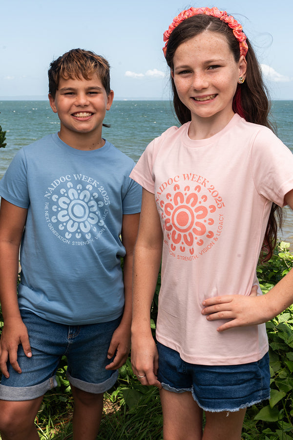 NAIDOC 2025 Circle Monochrome Carolina Blue Cotton Crew Neck Kids T-Shirt