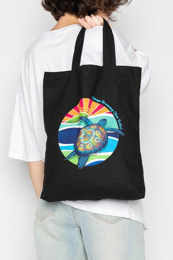 Yalnga Dreaming (Sea Turtle) Black Cotton Short Handle Tote Bag