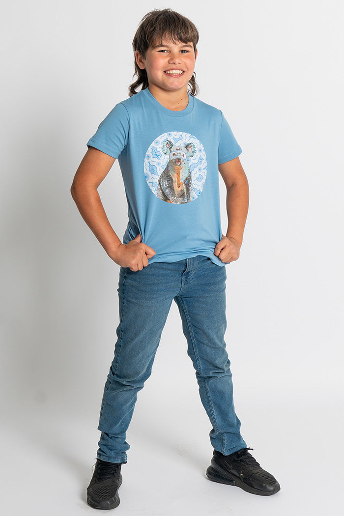 Koala (Gurrburr) 'Australian Wildlife Conservancy' Carolina Blue Cotton Crew Neck Kids T-Shirt