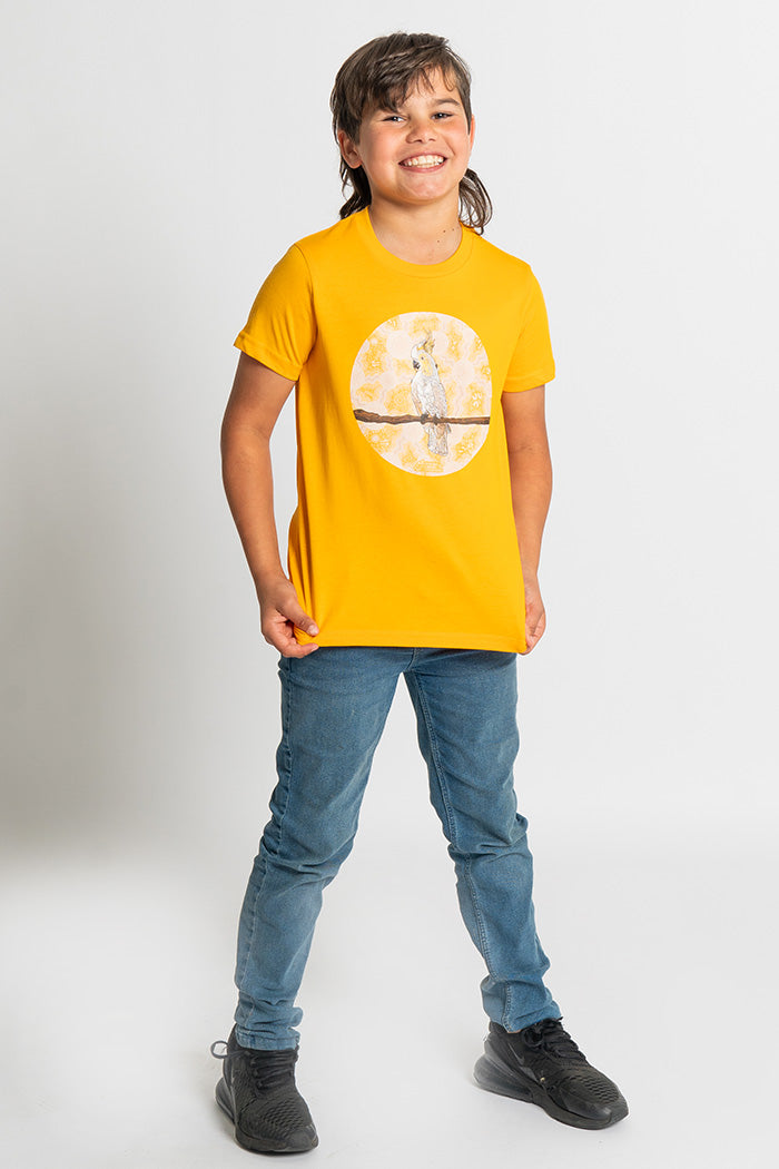 Cockatoo (Djarring) 'Australian Wildlife Conservancy' Gold Cotton Crew Neck Kids T-Shirt