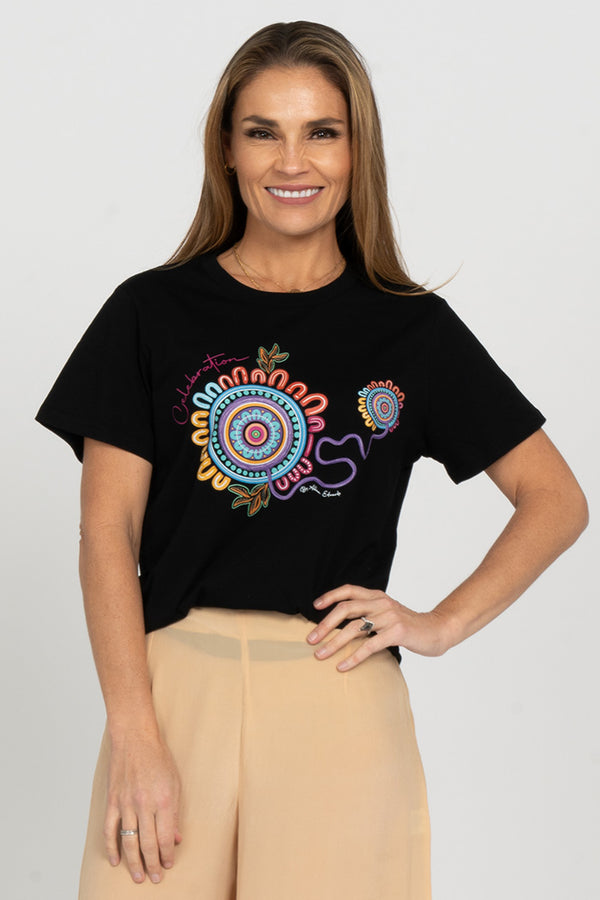 Celebration Black Cotton Crew Neck Women’s T-Shirt