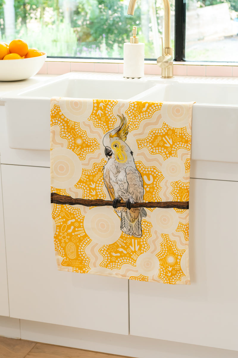 Cockatoo (Djarring) 'Australian Wildlife Conservancy' Linen Blend Tea Towel