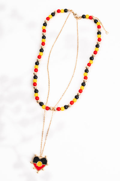 "Raise The Flag" Aboriginal Flag Heart Beaded Necklace (No. 2)