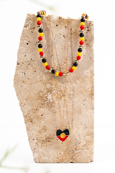 "Raise The Flag" Aboriginal Flag Heart Beaded Necklace (No. 2)