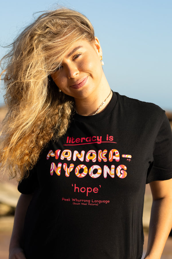 Manaka-nyoong 'Hope' ALNF Black Cotton Crew Neck Women's T-Shirt