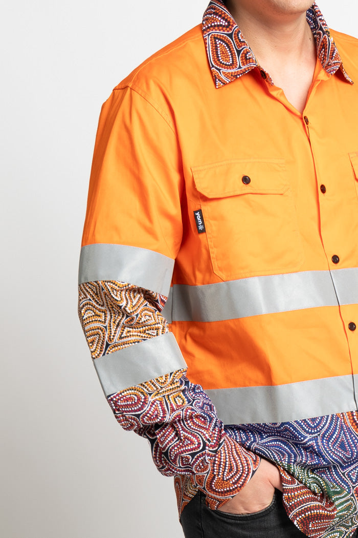 Our Many Tribes High Vis Orange 100% Cotton Drill Unisex Long Sleeve Work Shirt