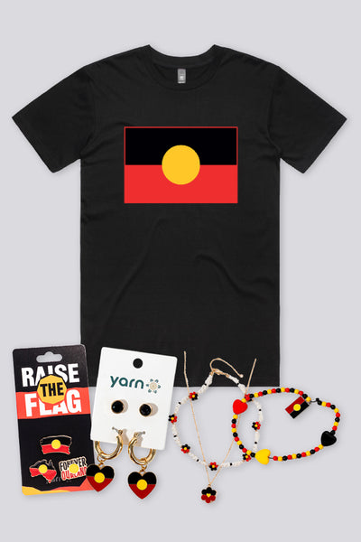 "Raise the Flag" Aboriginal Flag (Large) Black Women's T-Shirt Boxed Bundle 2