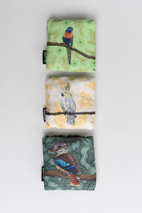 Birds 'Australian Wildlife Conservancy' rPET Reusable Fold-Up Shopping Bag (3 Pack) with Drawstring Bag