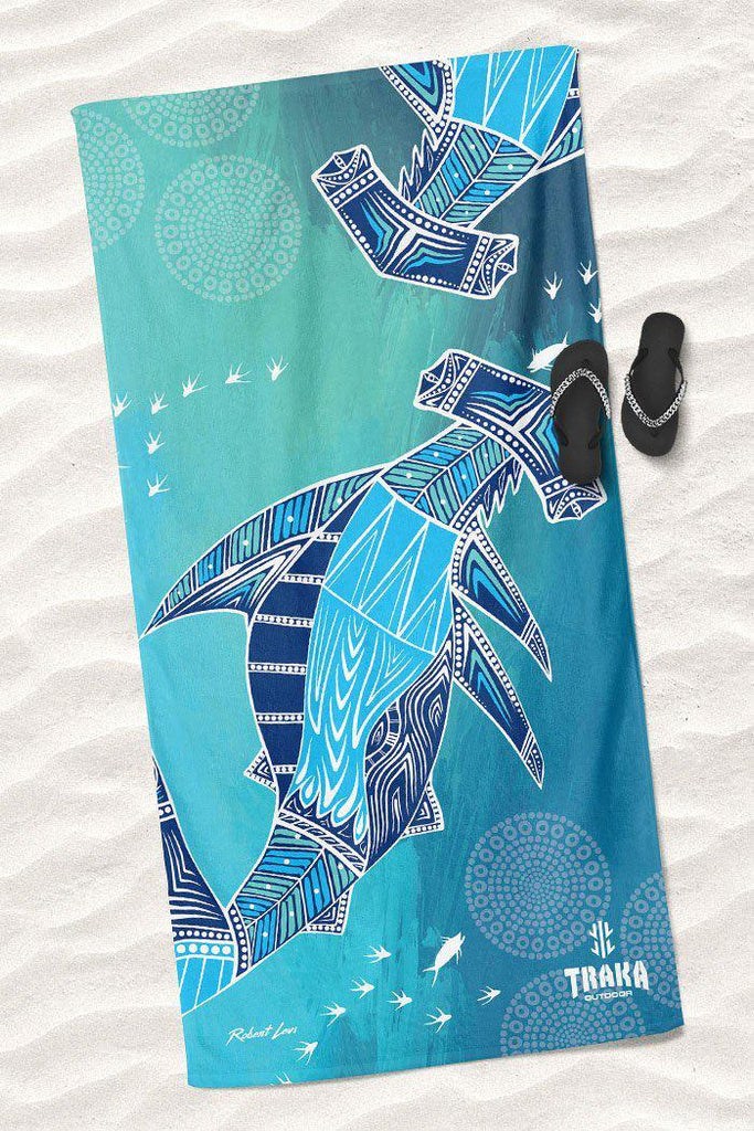 Aboriginal Art Bath Sand Free-Hammerhead School Beach Towel-Yarn Marketplace