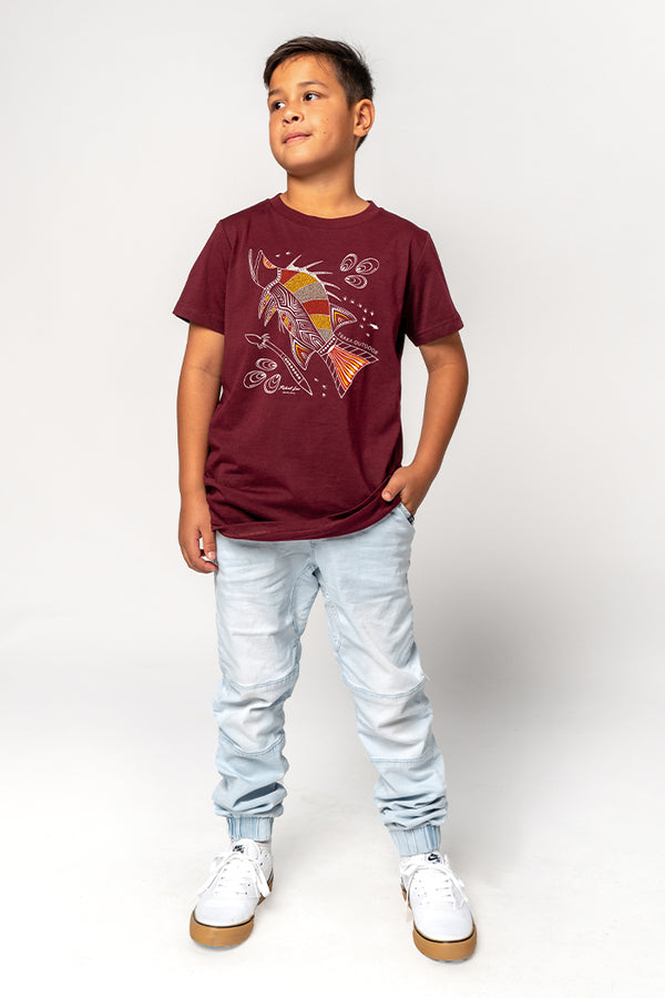 Barramundi Hunt Burgundy Cotton Crew Neck Kids T-Shirt