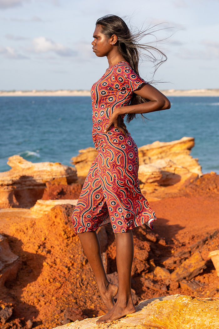 Aboriginal Art Ruched Midi Dress Summer Night - LLJ