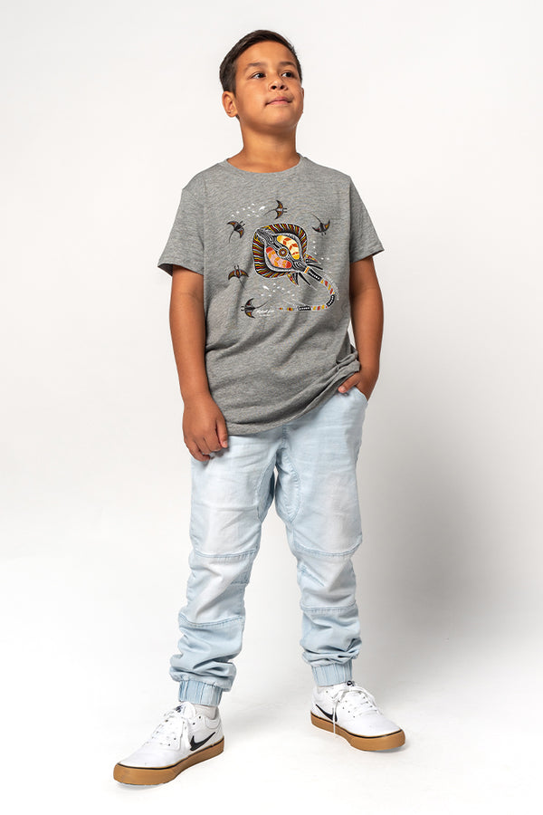 Stingray Fever Grey Marle Cotton Crew Neck Kids T-Shirt