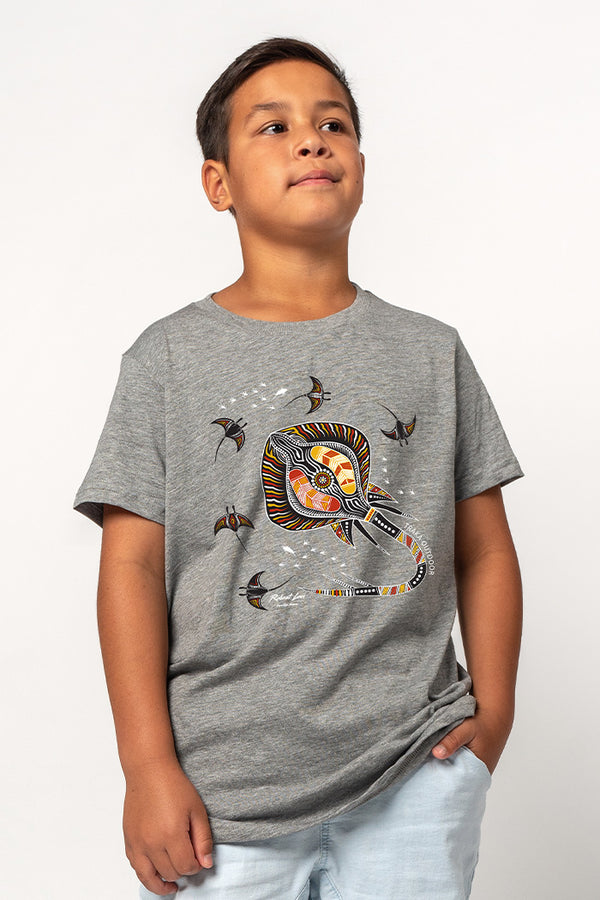 Stingray Fever Grey Marle Cotton Crew Neck Kids T-Shirt