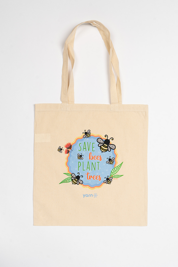 Save Bees, Plant Trees Long Handle Natural Cotton Tote Bag